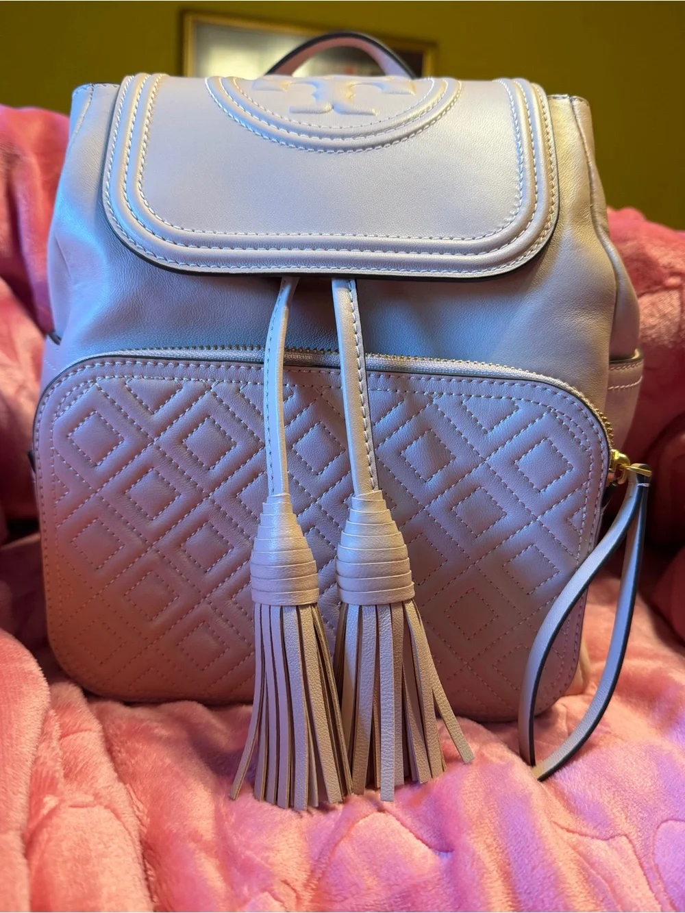 Tory Burch Cream Quilted Tassel Leather Backpack with Gold Chain